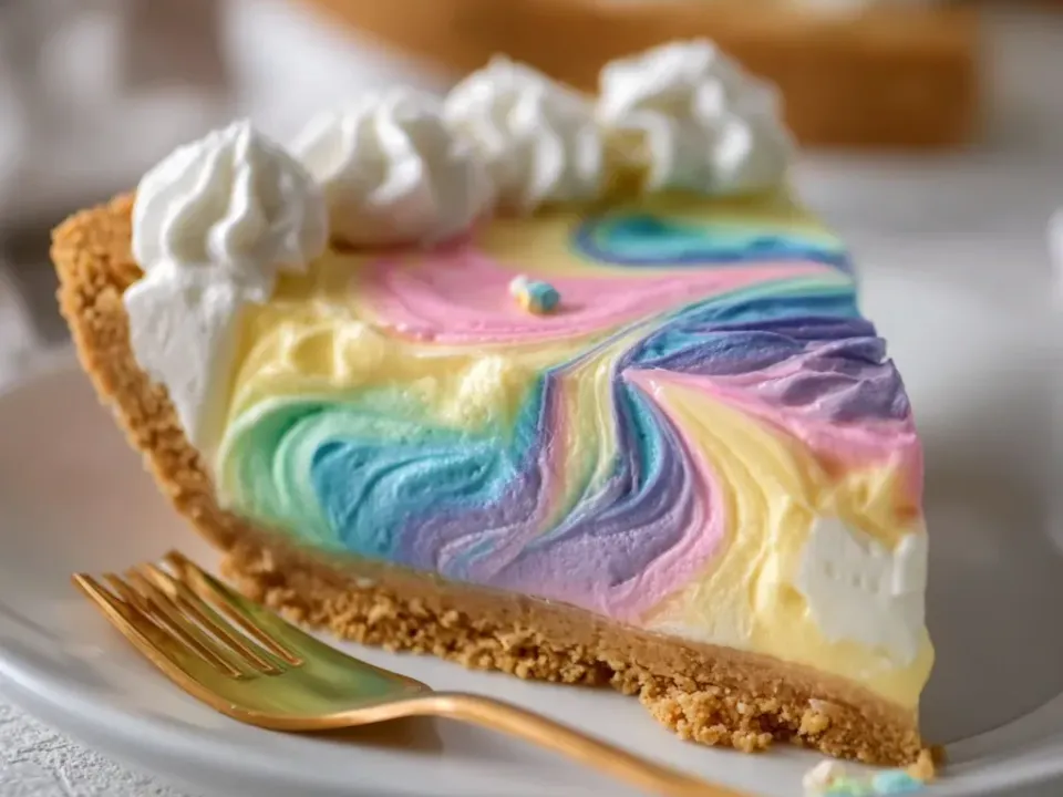 A slice of pie in a graham crust with a pale creamy filling swirled pink, blue, yellow and purple, with a piped whipped cream edge