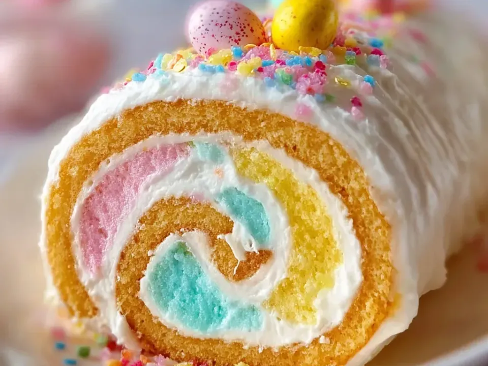 A rolled golden sponge cut to show a spiral of white and pastel-tinted cream, coated in white frosting with pastel sprinkles and candy eggs