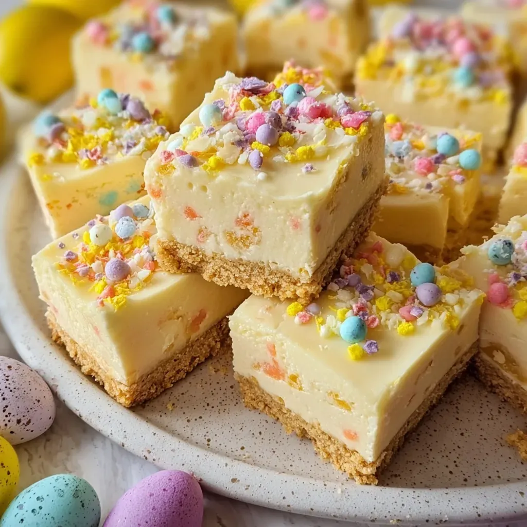 Squares of lemon cheesecake bars on a graham crust topped with pastel sprinkles, arranged on a speckled plate with small candy eggs