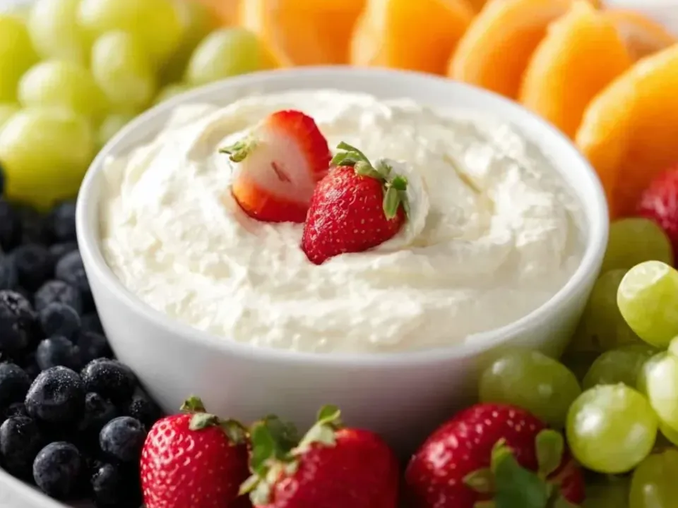 A bowl of thick white marshmallow cream dip topped with a strawberry, surrounded by grapes, melon, strawberries and blueberries