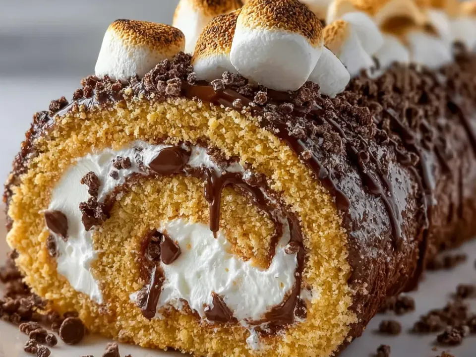 A rolled golden sponge cut to show a white marshmallow cream spiral, coated in chocolate and crumbs and topped with toasted marshmallows