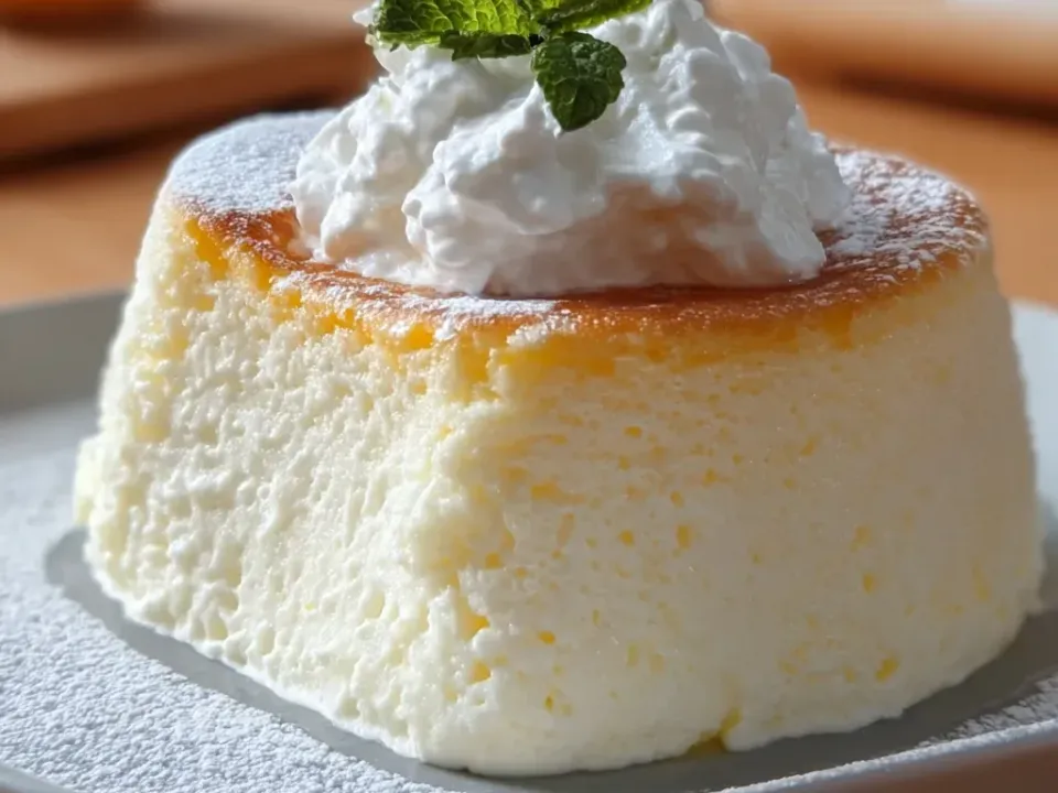 A tall crustless pale soufflé-style cake with a golden top dusted with powdered sugar, topped with whipped cream and mint