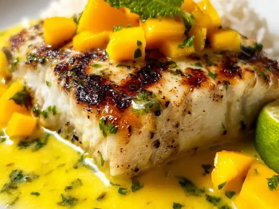 A seared white fish fillet with a browned crust, topped with diced mango and herbs, in a bright yellow butter sauce with lime and white rice behind