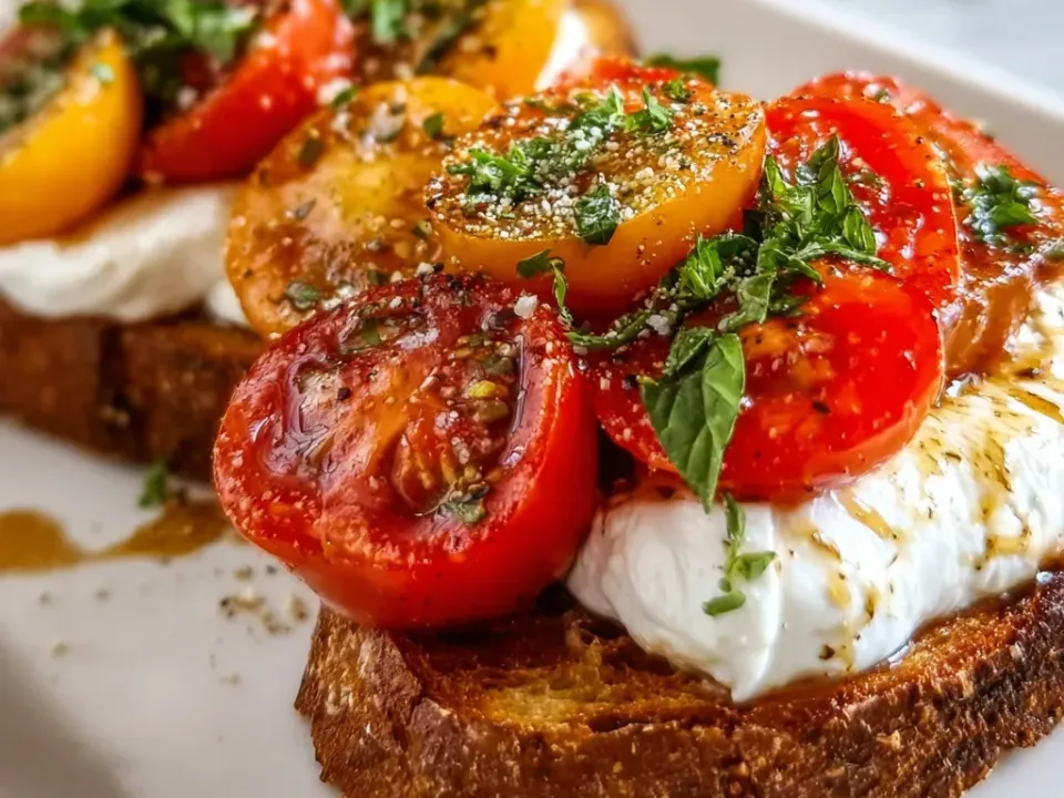 Thick toasted sourdough slices spread with torn white burrata, topped with halved red and yellow tomatoes, basil, cracked pepper and a glossy drizzle