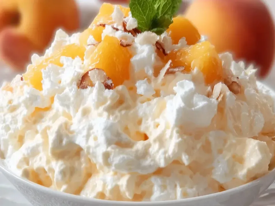 A bowl of pale whipped fruit salad with a light fluffy texture, topped with peach pieces, coconut and a mint sprig, with fresh peaches behind