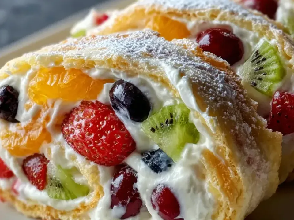 Golden pastry rolls filled with whipped cream and mixed fruit, dusted with powdered sugar