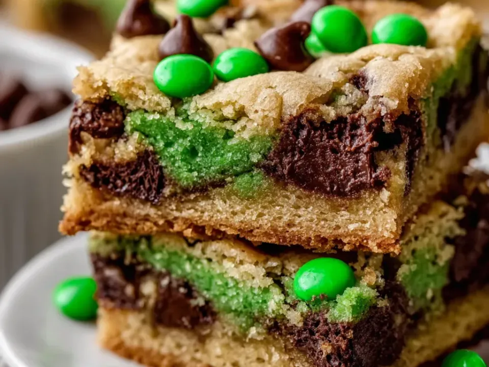 Thick cookie bars with a golden cookie base, green-tinted swirls, chocolate chunks and green candy-coated chocolate pieces on top