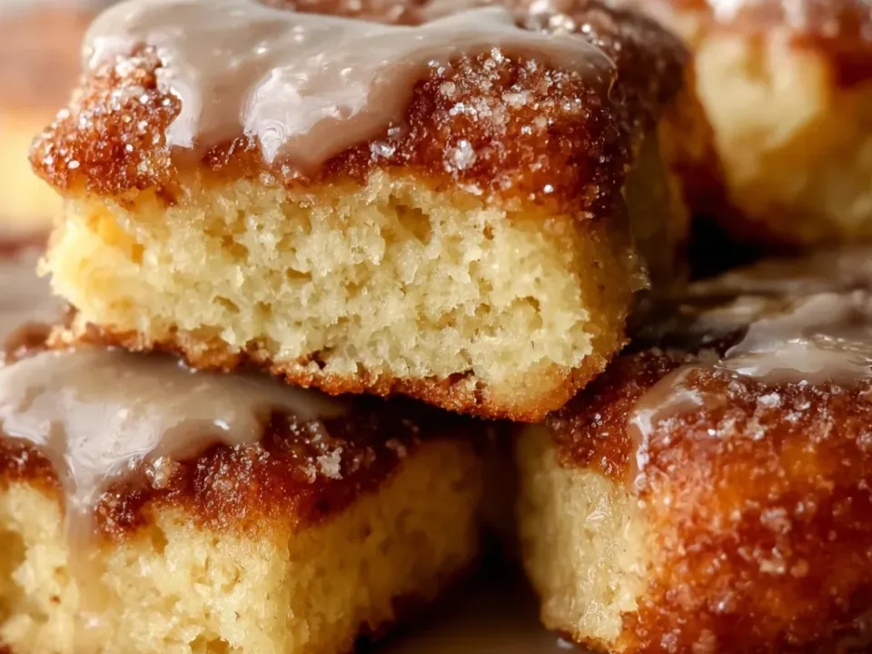 Thick square cut bars with a pale cake crumb, a sugar-crusted top and a thin maple-coloured glaze, stacked on a plate