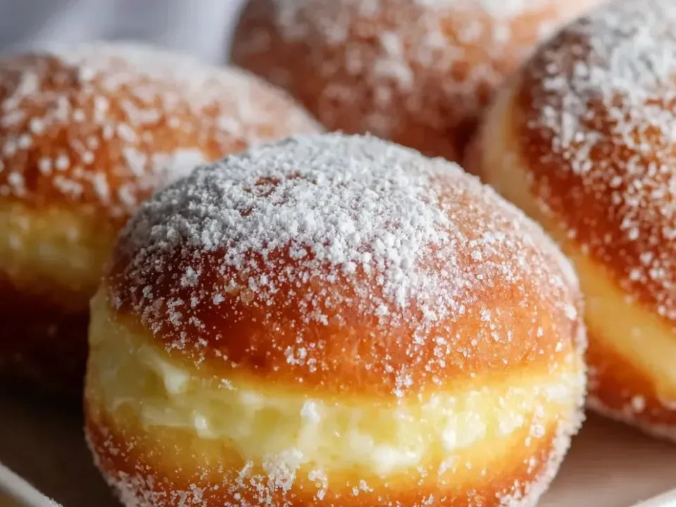 Round fried doughnuts rolled in sugar, one cut open to show a thick pale custard filling