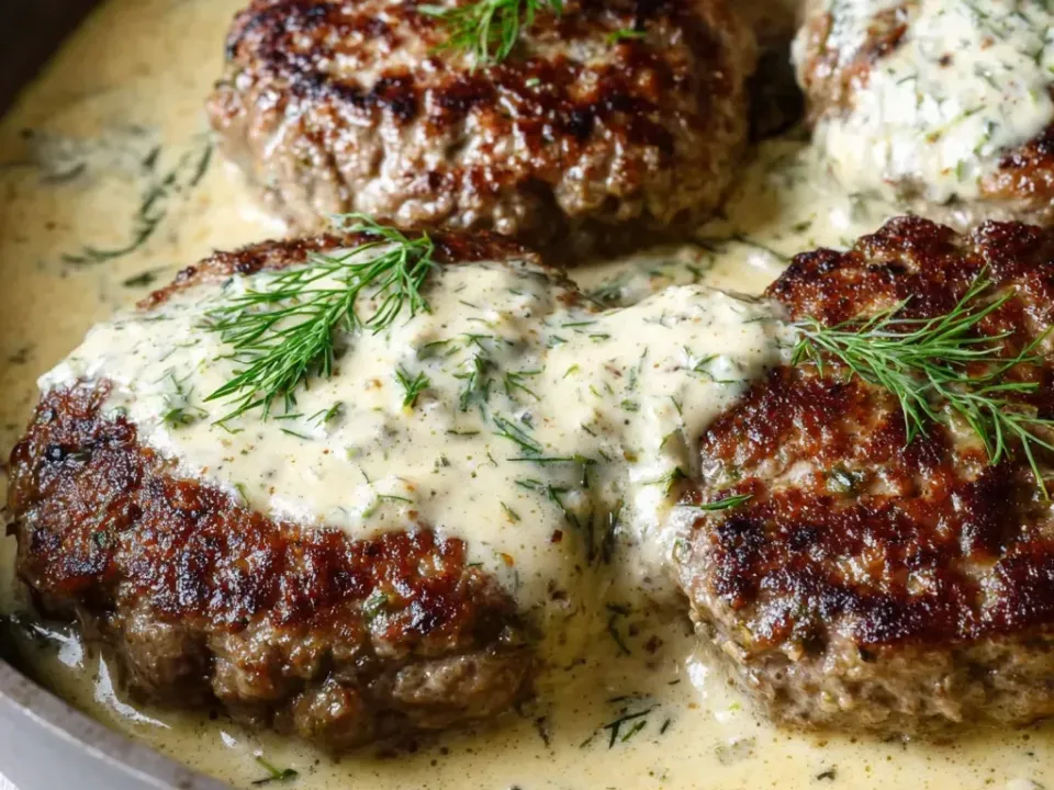 Browned beef patties in a pale creamy dill sauce with fresh dill sprigs in a skillet