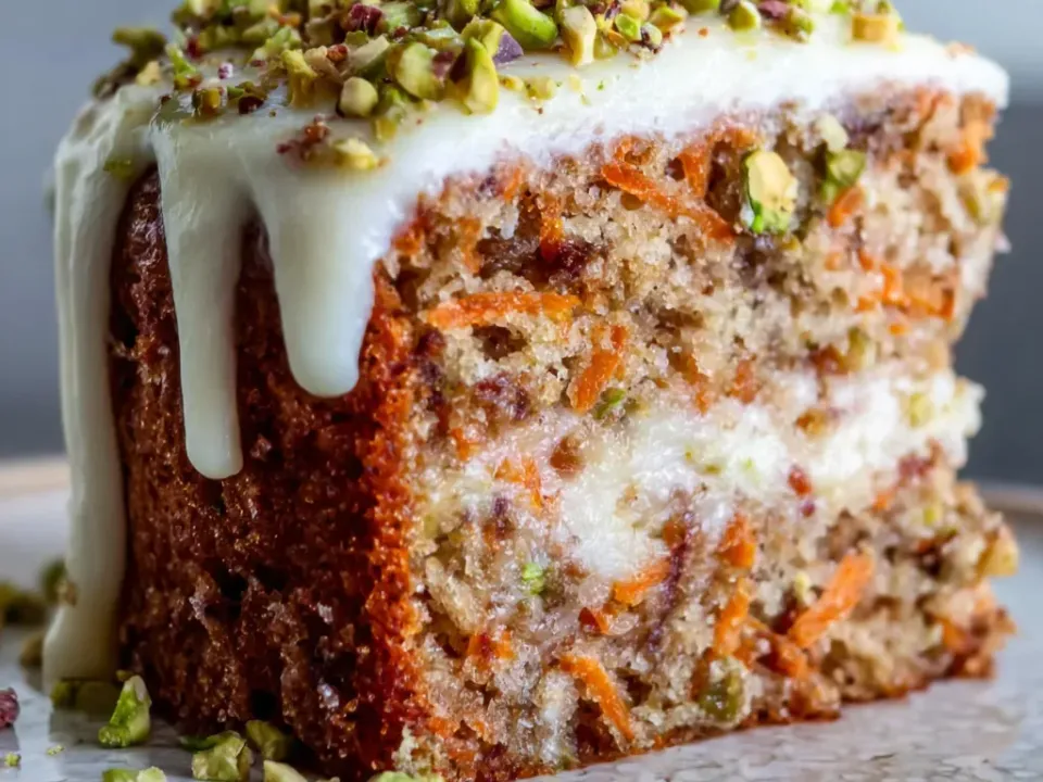 A tall slice of spiced carrot cake with visible carrot shreds and pistachio pieces, cream cheese filling between the layers, white frosting dripping down and chopped pistachios on top