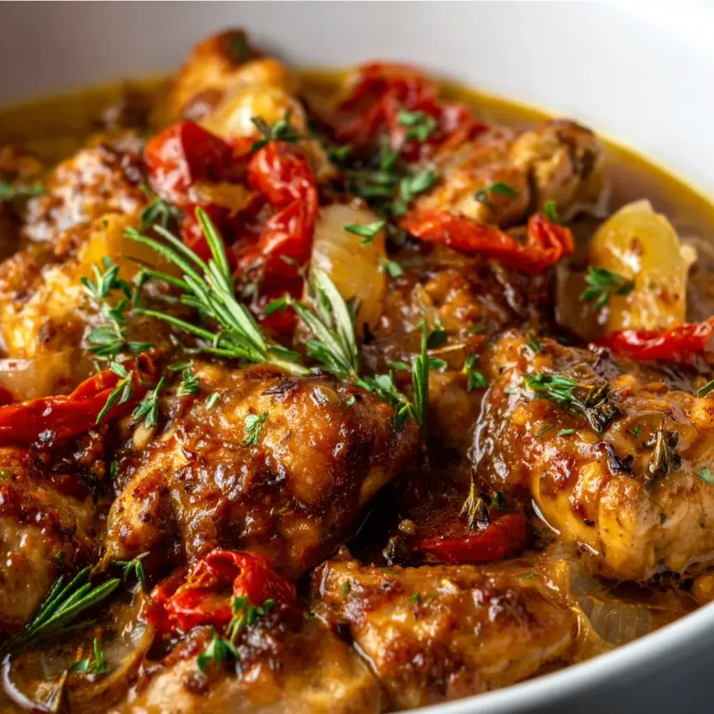 Browned chicken pieces with halved red cherry peppers, sliced onion, rosemary and thyme in a savoury pan jus