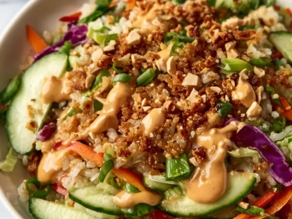 Crisped rice with cucumber, shredded purple cabbage, carrot, red pepper and green onion, chopped peanuts and a tan dressing drizzle