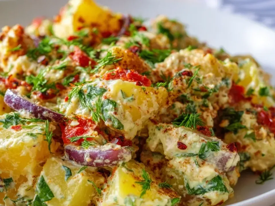 Cubed yellow potatoes in a pale creamy dressing with chopped dill and parsley, red onion slivers and diced red pepper, dusted with red pepper flakes
