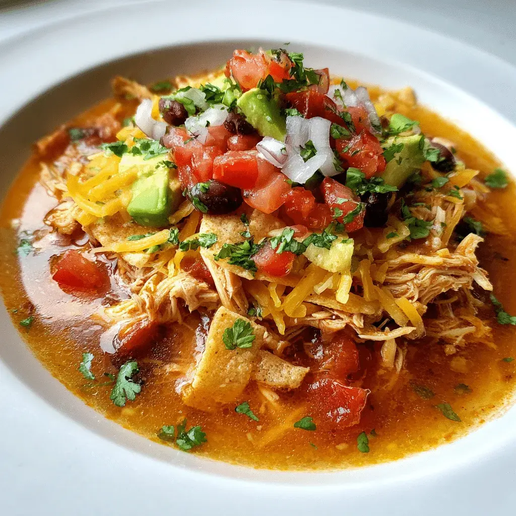 A bowl of chicken tortilla soup with shredded chicken, black beans, cheese, diced avocado and tomato, topped with crisp tortilla strips