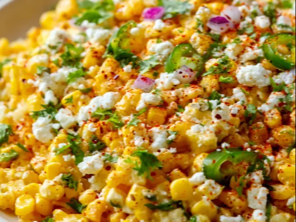 Charred yellow corn kernels tossed with crumbled white cheese, diced red onion, sliced jalapeño, cilantro and a dusting of chili powder