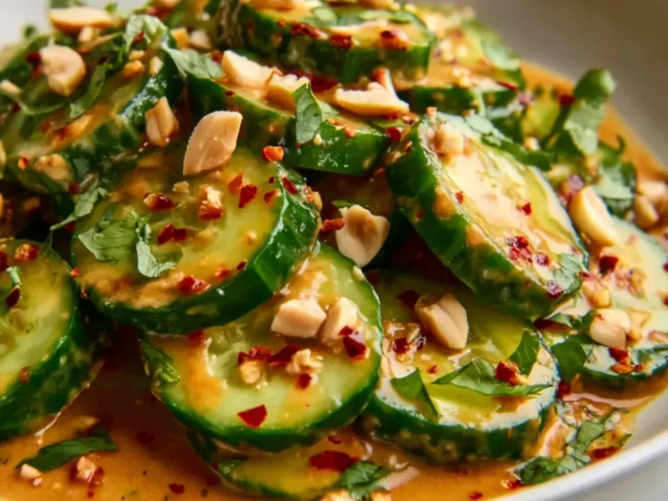Thick cucumber rounds tossed in a glossy orange-brown peanut sauce with chilli flakes, chopped peanuts and fresh herbs