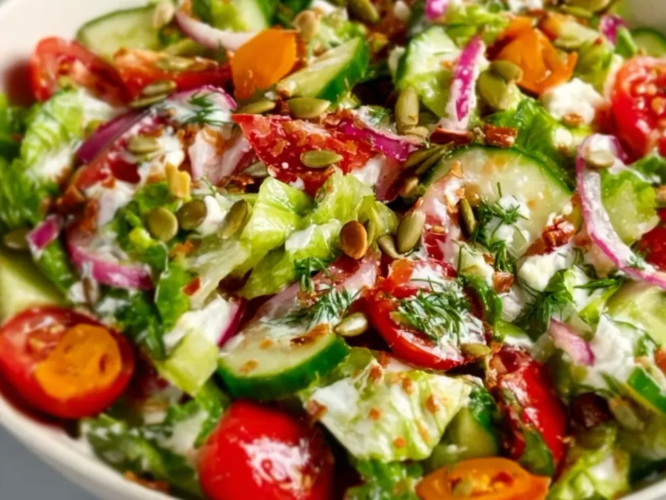 Chopped romaine with cherry tomatoes, cucumber, red onion, shredded carrot, crumbled feta and pumpkin seeds in a creamy dressing