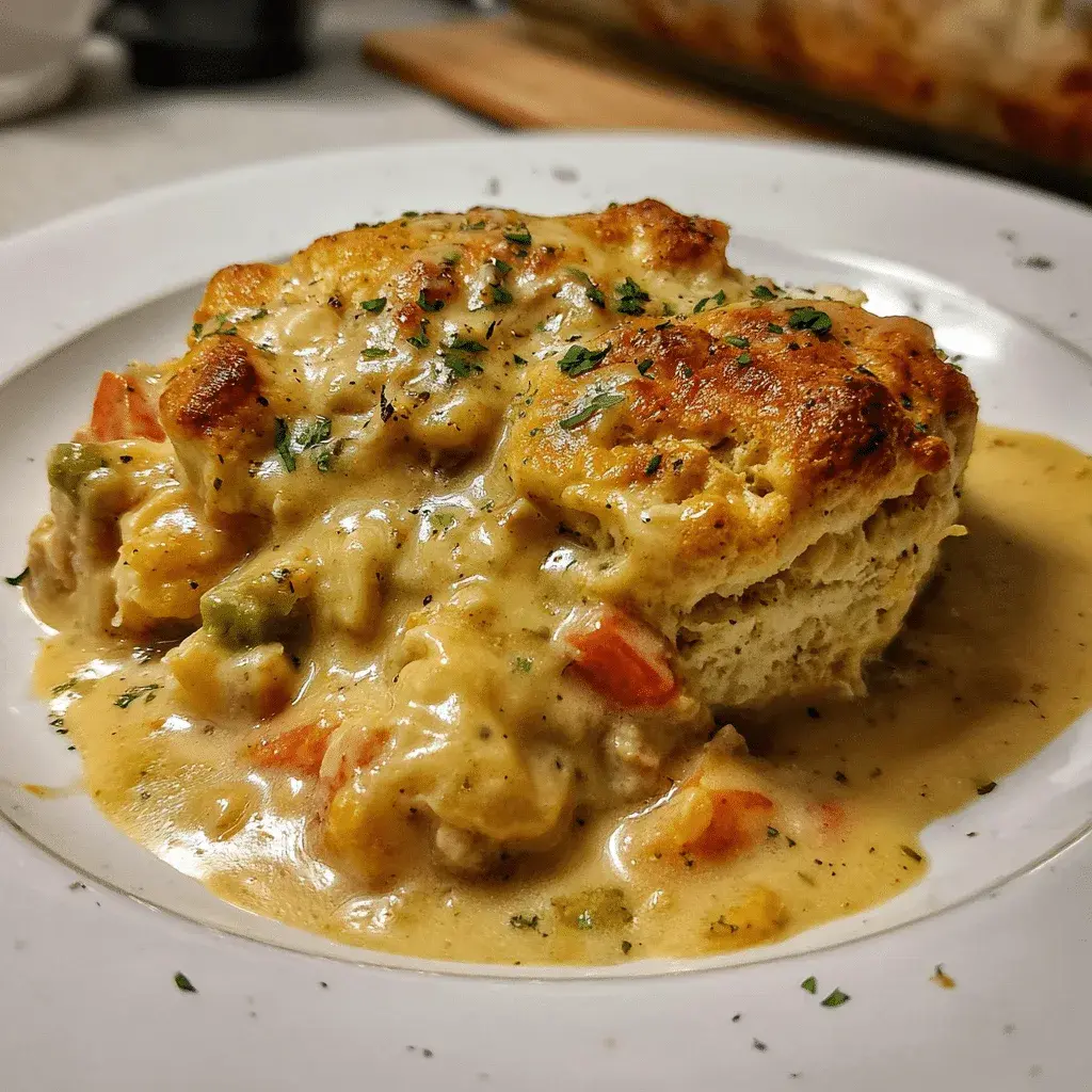A golden baked biscuit sitting on a creamy chicken filling with diced carrot and green peas