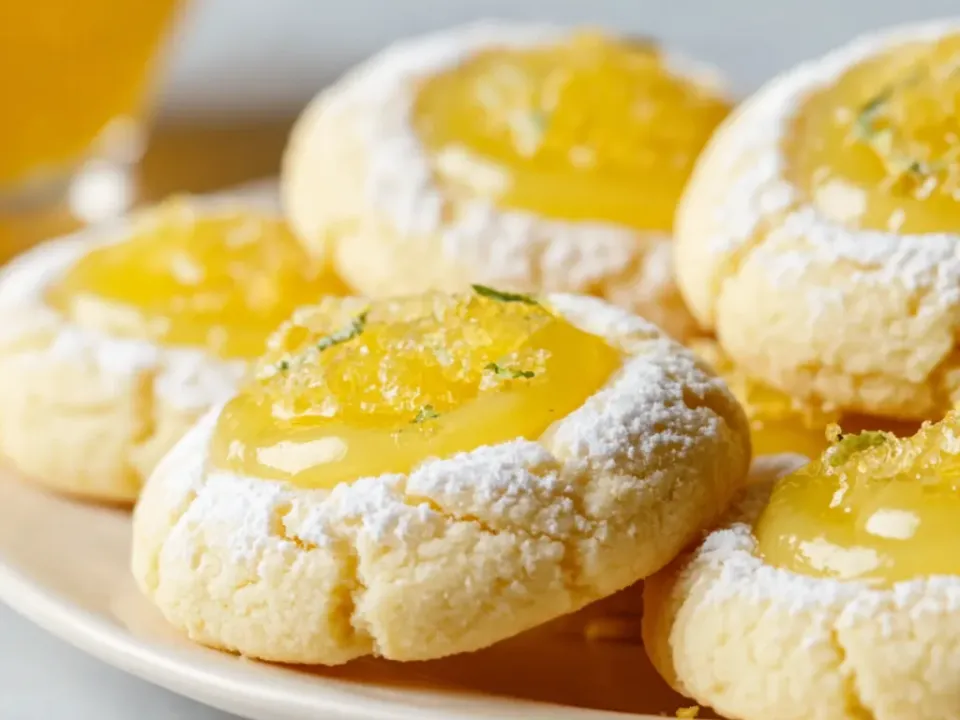 Soft round thumbprint cookies with powdered-sugar crinkled edges, each holding a pool of bright yellow lemon curd with zest
