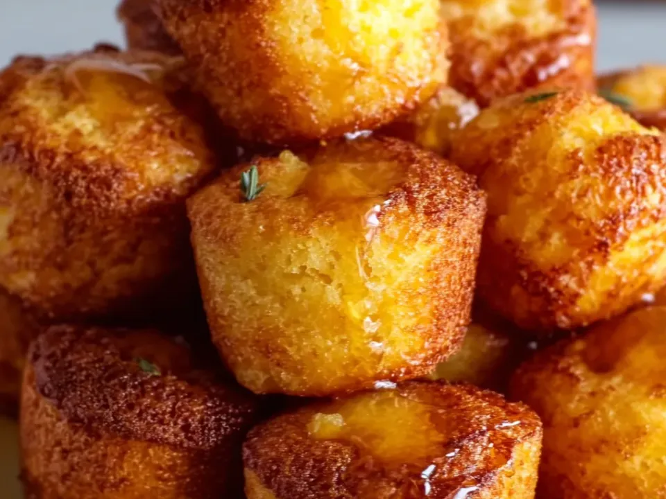Small round cornbread muffins with deeply browned crusts, glossy with honey butter, piled on a plate