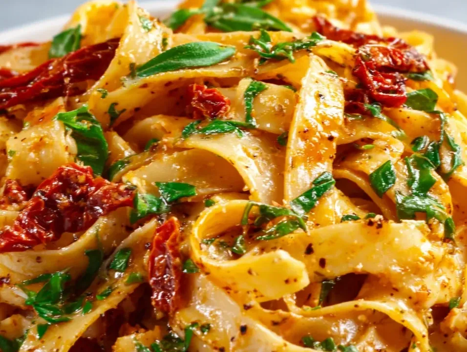 Wide ribbon pasta coated in a glossy orange-toned sauce with sun-dried tomato pieces, chopped basil and cracked pepper