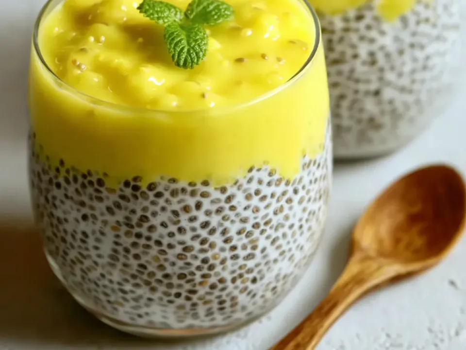 A glass of white seeded chia pudding topped with a thick bright yellow lemon curd layer and a mint leaf, with a second glass and a wooden spoon