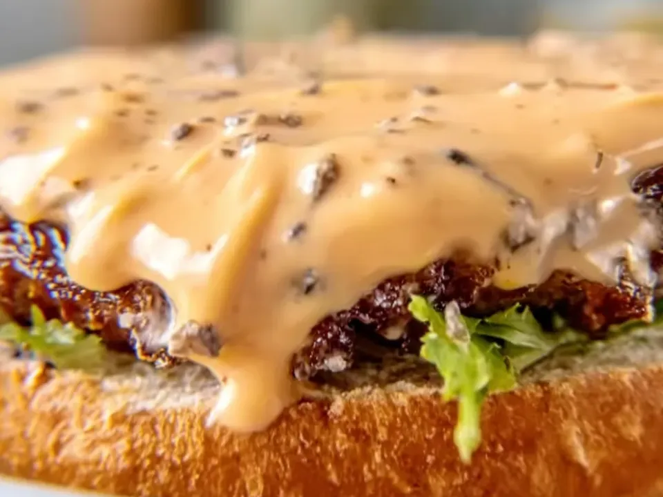 A pale orange creamy sauce with black pepper poured over a beef patty on a toasted bun with lettuce