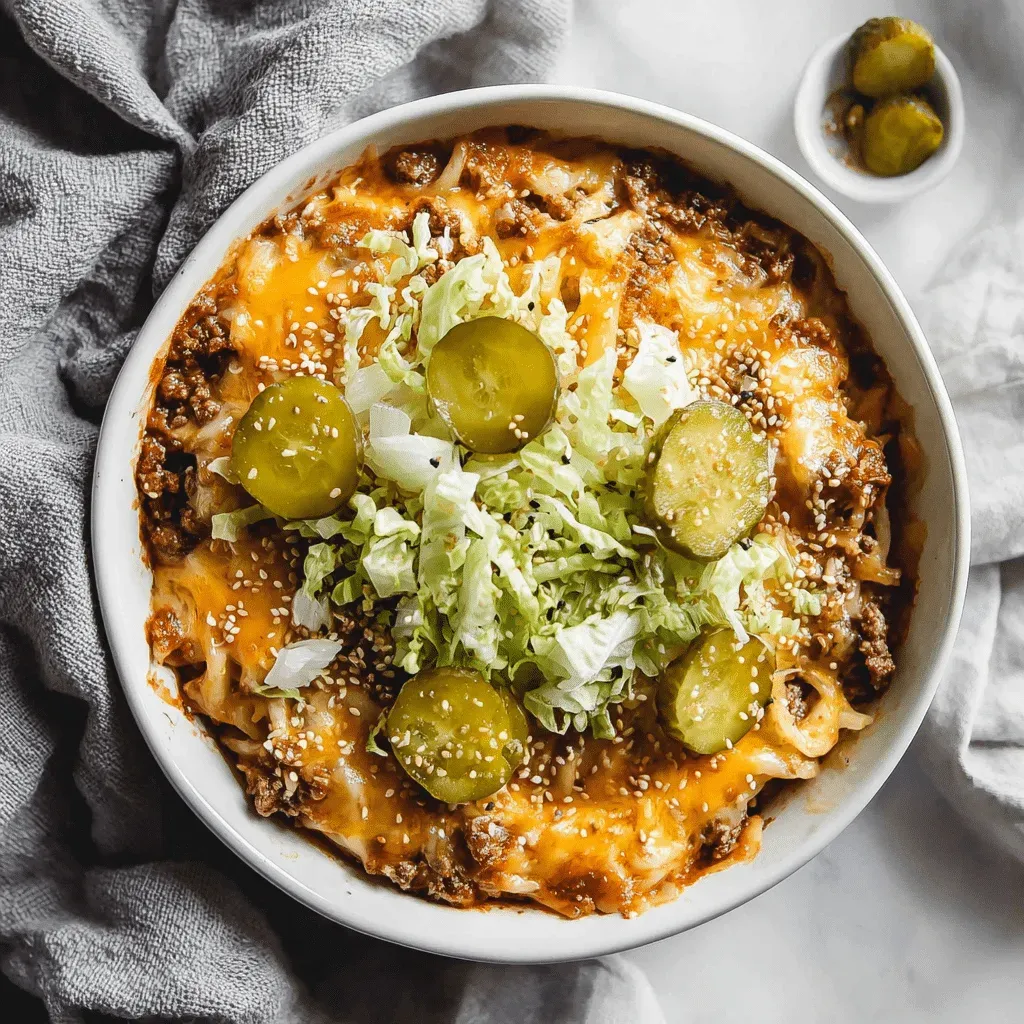 Overhead view of a cheesy ground beef and hash brown casserole in a white bowl, topped with shredded lettuce and dill pickle slices