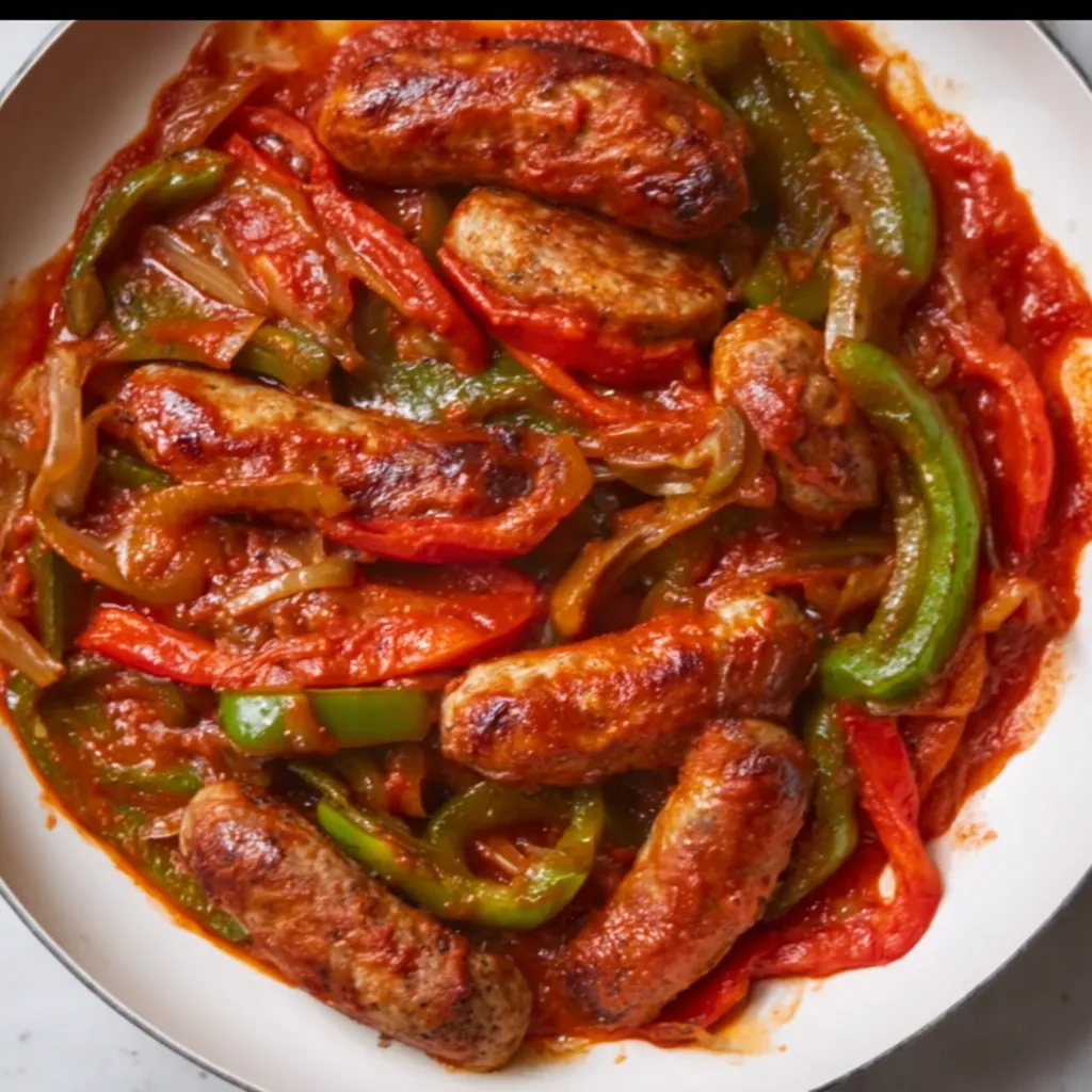 Overhead view of Italian sausage links with sliced red and green peppers and onions in tomato sauce in a white bowl