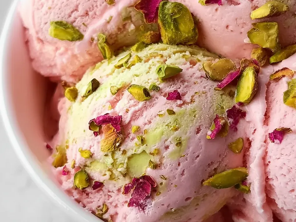Scoops of pale pink and pale green ice cream in a bowl, scattered with chopped pistachios and dried rose petals
