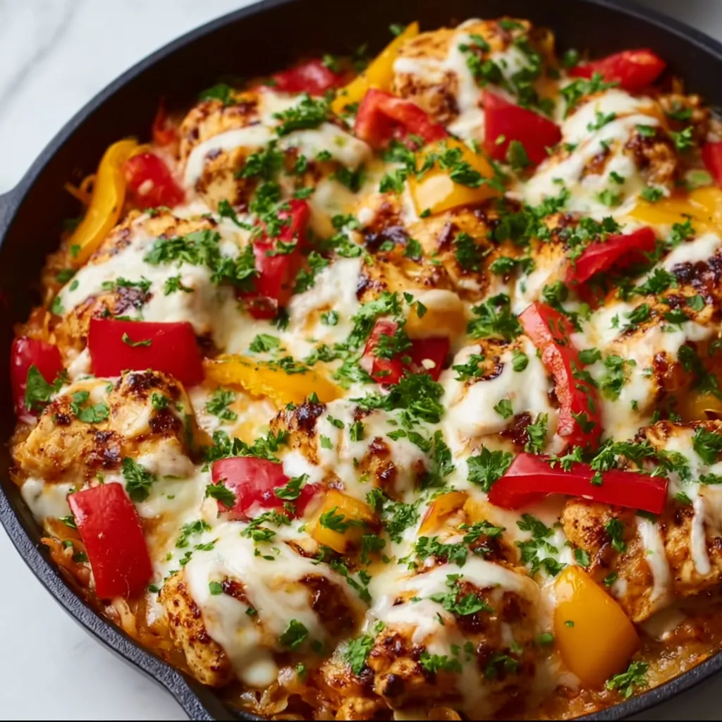 Cast-iron skillet of chicken pieces with sliced red and yellow bell peppers under melted white cheese, sprinkled with chopped herbs