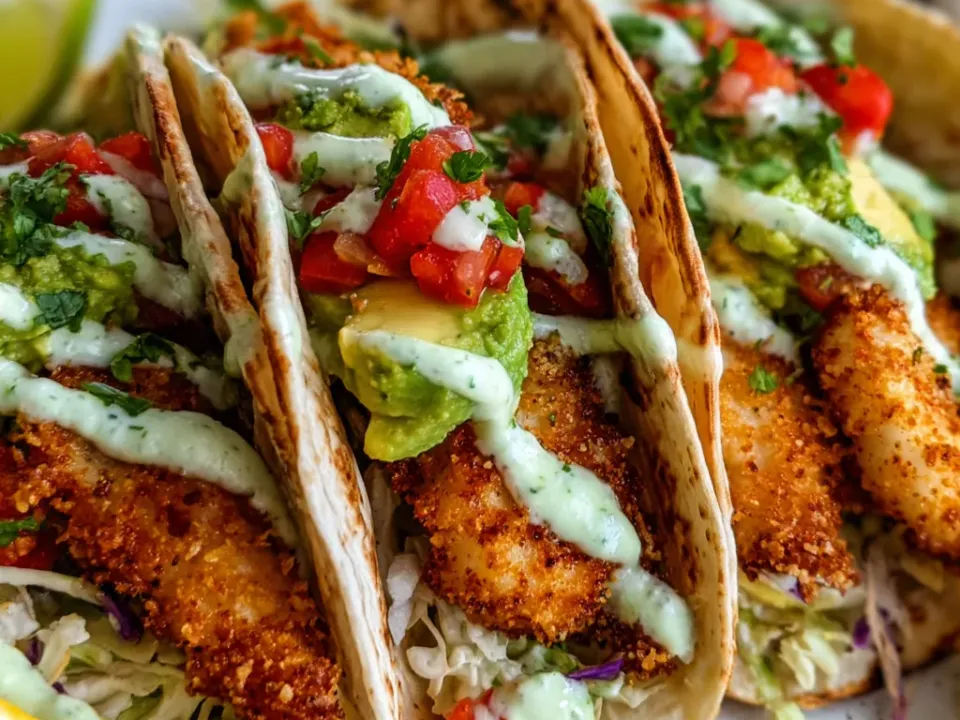 Soft flour tortillas holding crisp breaded white fish strips, shredded cabbage, avocado slices, diced tomato salsa and a green crema drizzle, with lime wedges