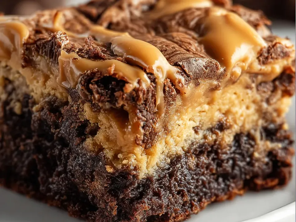 A square of dark chocolate cake with a thick marbled peanut butter cream cheese layer through the top, drizzled with melted peanut butter