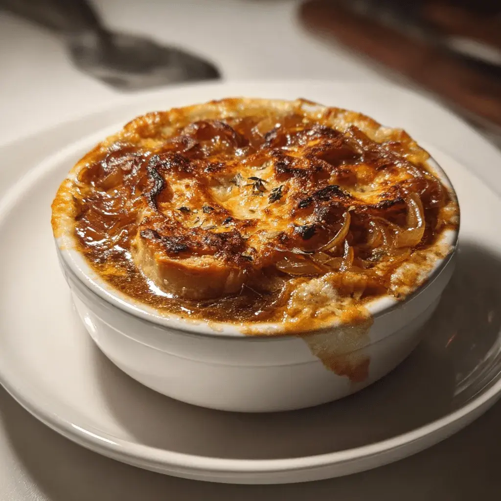 Bowl of dark onion and chicken soup topped with a baguette slice under browned melted Gruyère