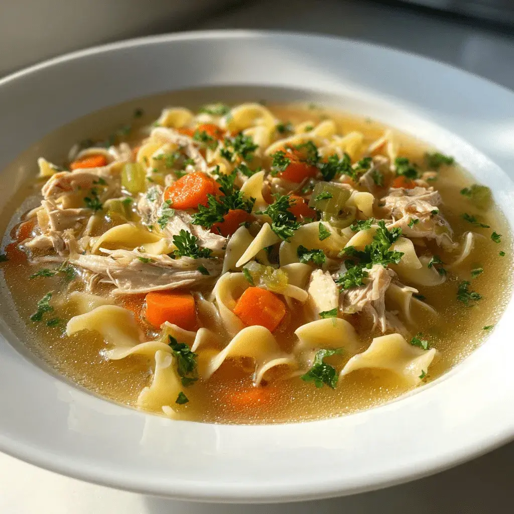 Bowl of chicken noodle soup with shredded chicken, sliced carrots, celery and wide egg noodles in a clear broth