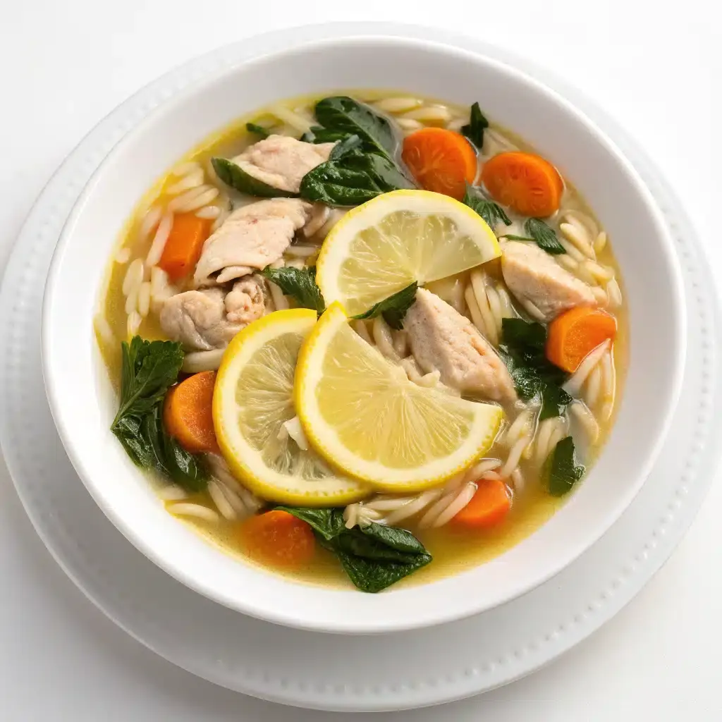 Lemon chicken orzo soup in a clear broth with pieces of chicken, sliced carrot, spinach and lemon slices in a white bowl