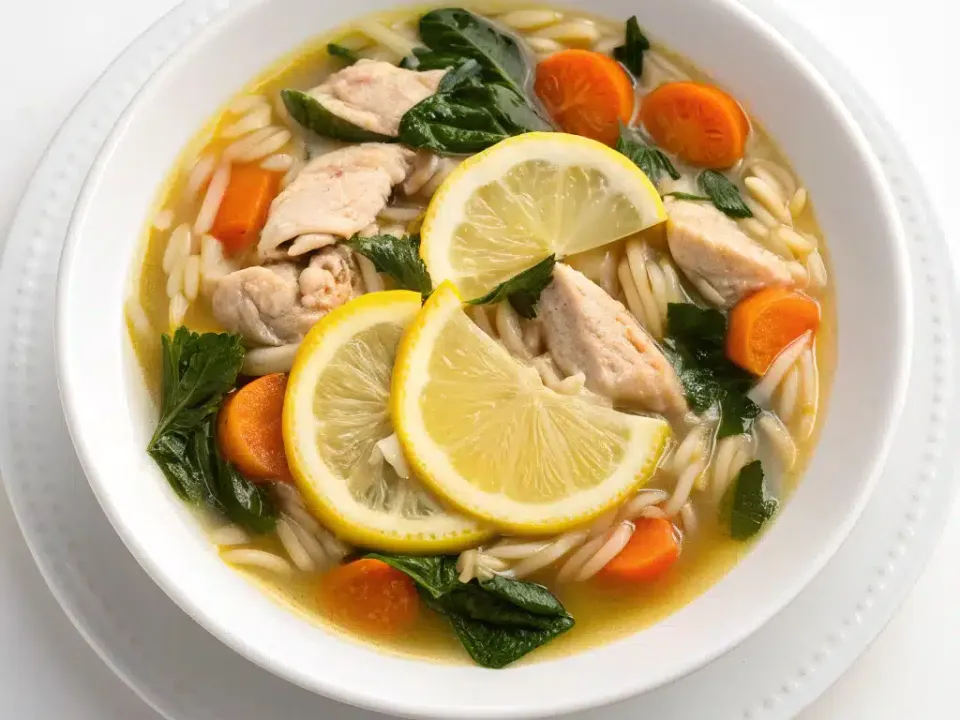 Lemon chicken orzo soup in a clear broth with pieces of chicken, sliced carrot, spinach and lemon slices in a white bowl
