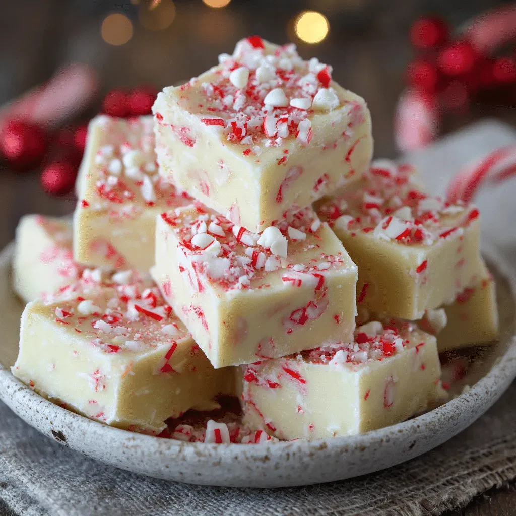 Squares of white fudge flecked with crushed red and white candy canes, stacked on a speckled stoneware plate