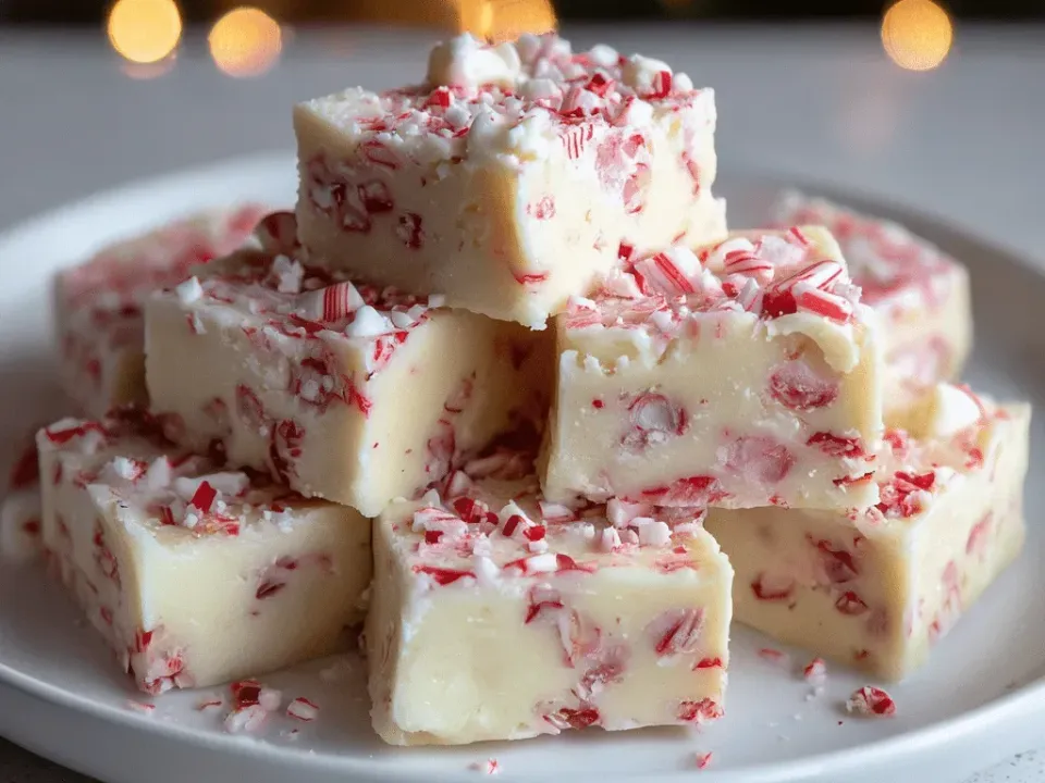 Stacked squares of white fudge studded with crushed red-and-white candy cane on top and through the fudge