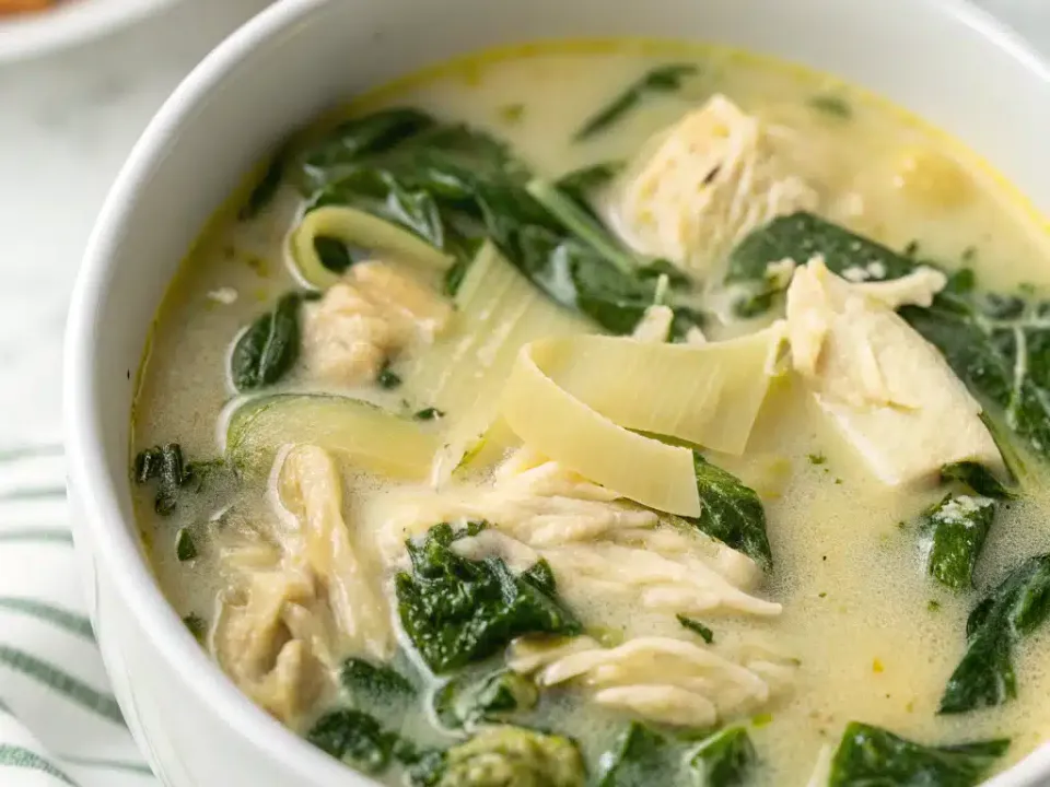 Creamy soup with shredded chicken, wilted spinach and artichoke heart pieces in a white bowl
