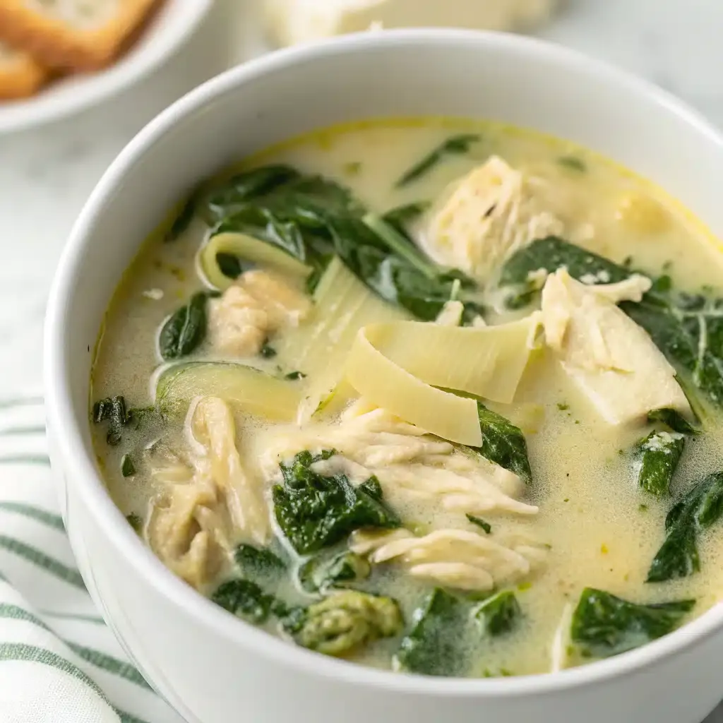 Creamy soup with shredded chicken, wilted spinach and artichoke heart pieces in a white bowl