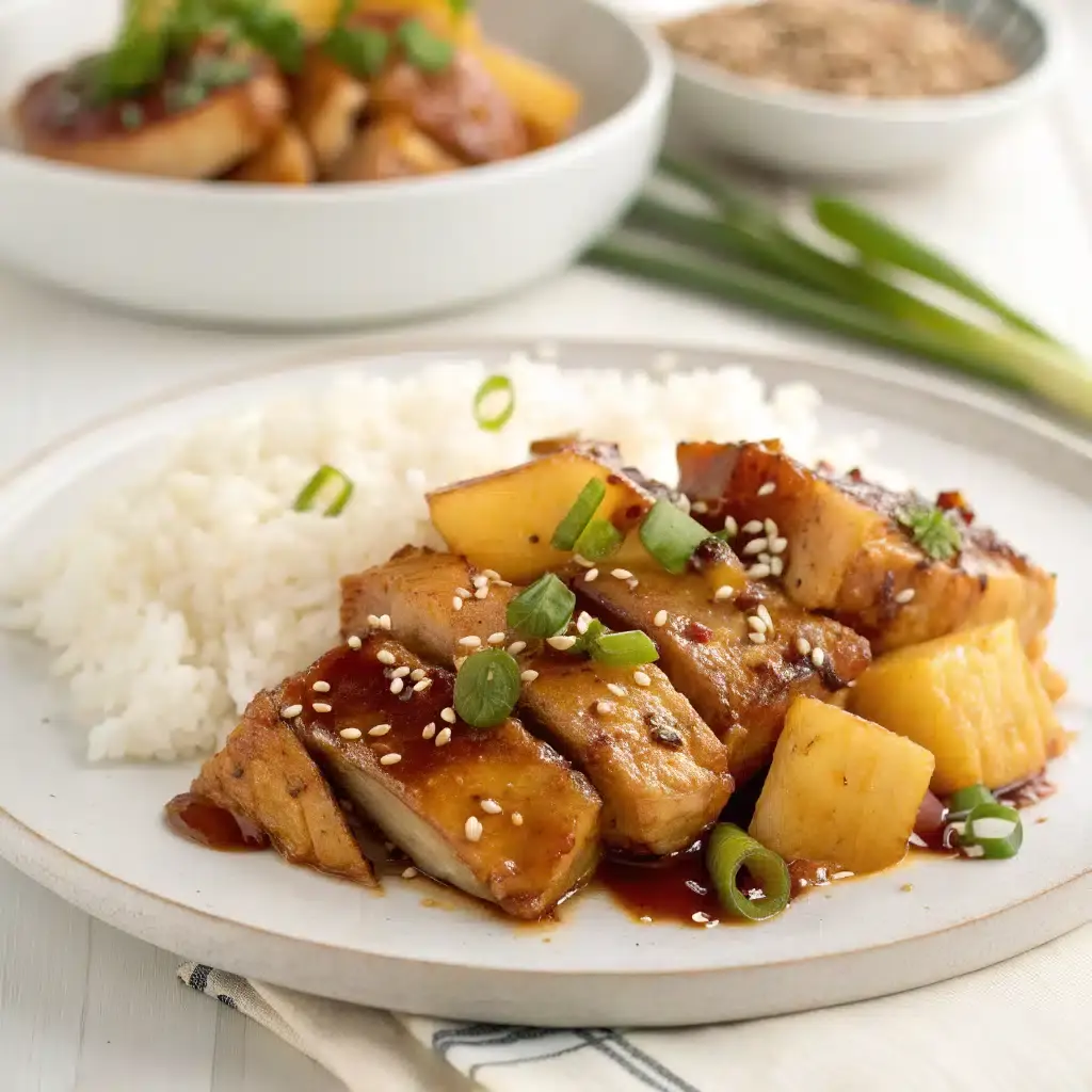 Sliced chicken in a dark teriyaki glaze with pineapple chunks, sesame seeds and sliced spring onion on a speckled plate beside a mound of white rice