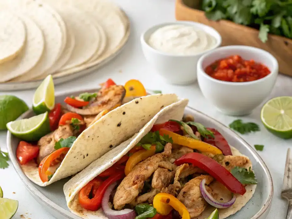 Chicken fajitas with red, orange and yellow peppers and red onion in flour tortillas, with lime wedges, sour cream, salsa and a stack of tortillas