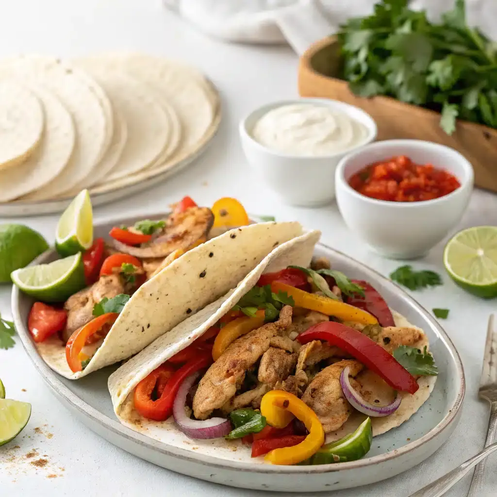 Chicken fajitas with red, orange and yellow peppers and red onion in flour tortillas, with lime wedges, sour cream, salsa and a stack of tortillas