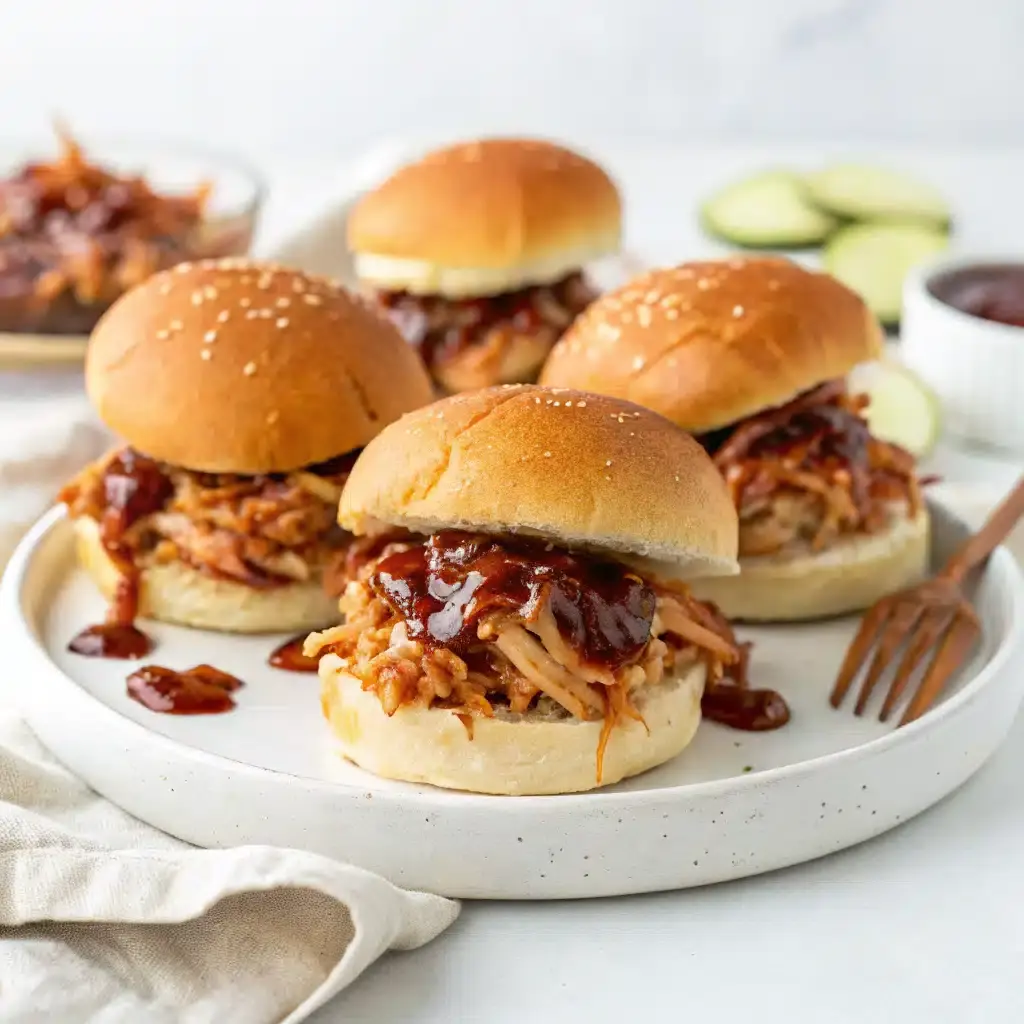Row of small slider rolls filled with shredded barbecue chicken and coleslaw, with glossy buttered tops