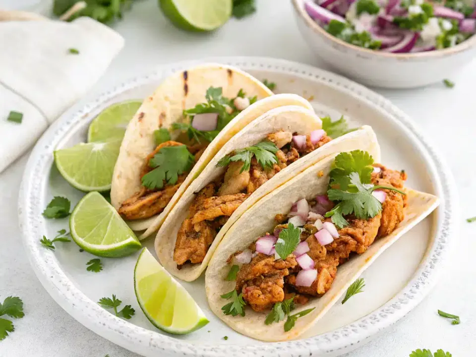 Three soft tortilla tacos on a white plate filled with shredded chicken, chopped red onion and coriander, with lime wedges beside them and a bowl of onion salsa behind.