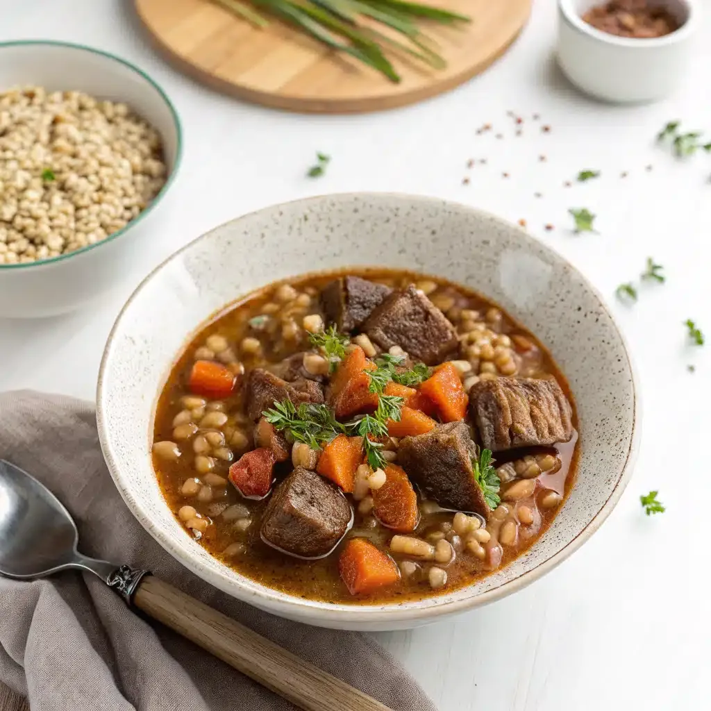 A hearty and cozy slow cooker beef barley stew simmered with tender beef, vegetables, and wholesome barley.