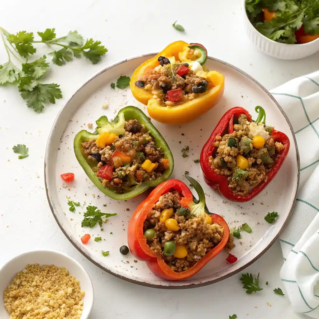 Stuffed peppers inside slow cooker before cooking
