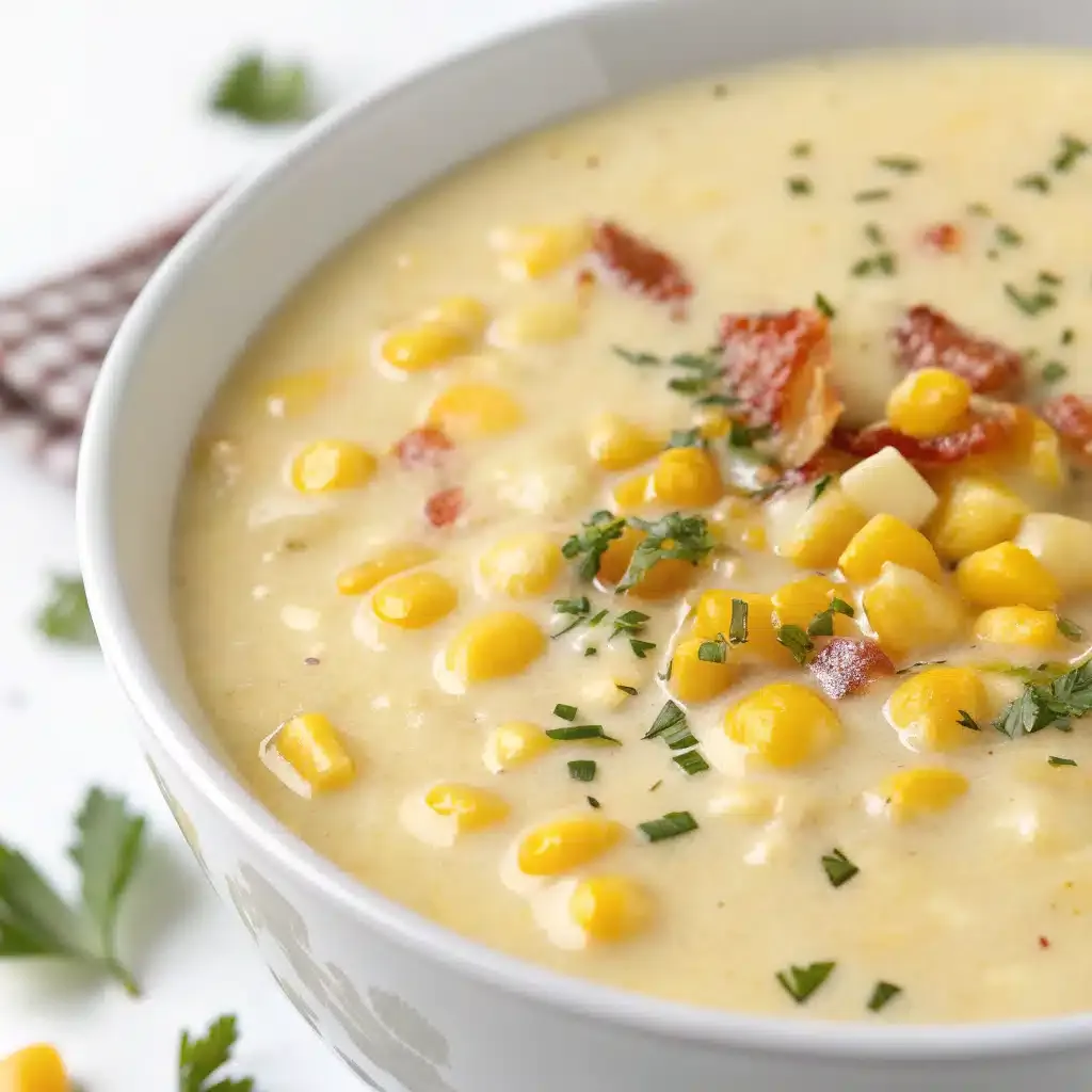Close-up of creamy corn chowder in a white bowl with corn kernels, bits of bacon and red pepper, and chopped herbs